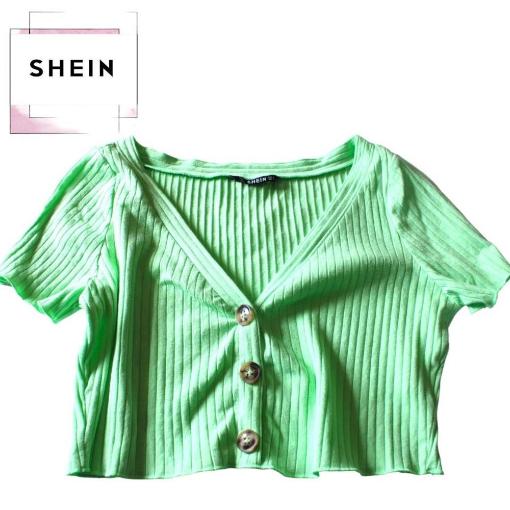 Shein V-neck Short Sleeve Ribbed Crop Top, size Large (Green) ~ Pre-Loved